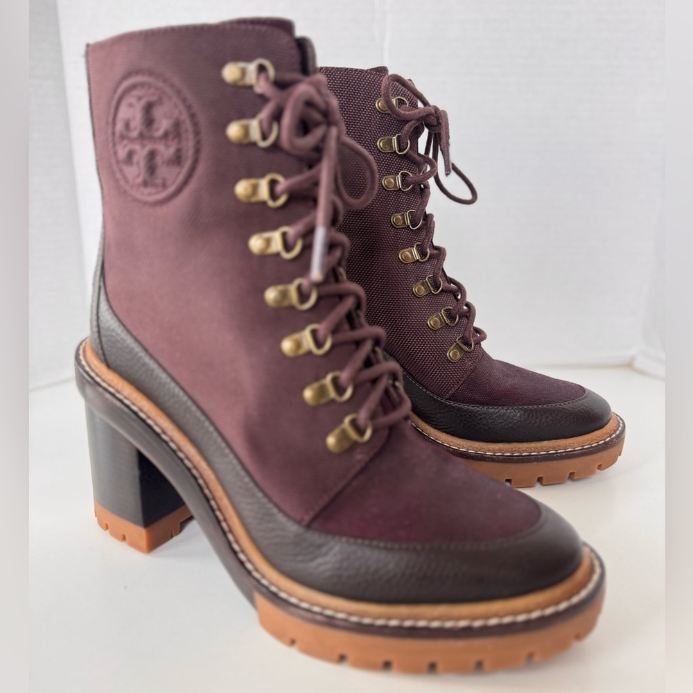 Tory Burch Miller Burgundy Canvas Lug Sole Lace Up Heel Boots Women’s size 8 - Picture 5 of 11
